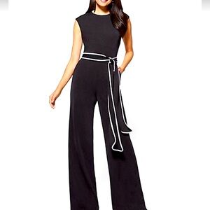 New York & Company Black and White Jumpsuit with Wide-Leg Design